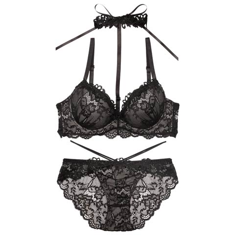 7/9新作!ラグジュアリーレースチョーカーブラジャー&バック透けフルバックショーツ[推し](ブラック-B65/ショーツM)