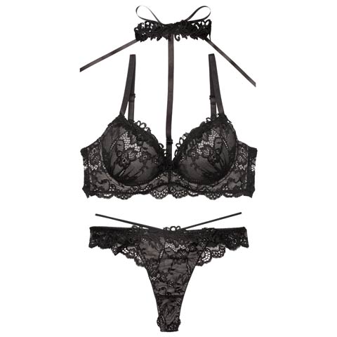 7/9新作!【Tバック】ラグジュアリーレースチョーカーブラジャー&バック透けTバックショーツ[推し](ブラック-B65/ショーツM)