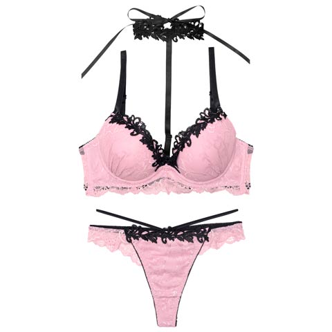 7/9新作!【Tバック】ラグジュアリーレースチョーカーブラジャー&バック透けTバックショーツ[推し](ピンク-B65/ショーツM)