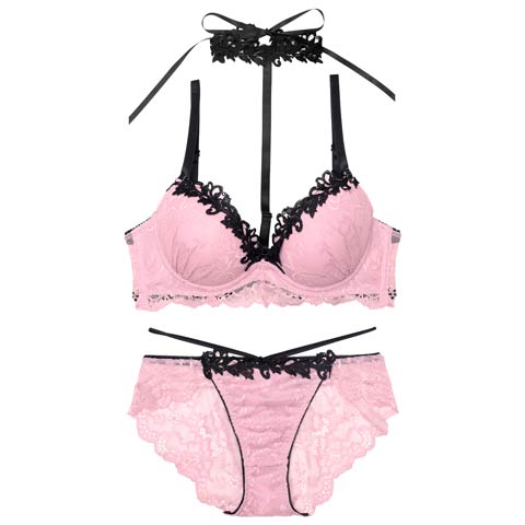 7/9新作!【EFサイズ】ラグジュアリーレースチョーカーブラジャー&バック透けフルバックショーツ[推し](ピンク-E70/ショーツM)