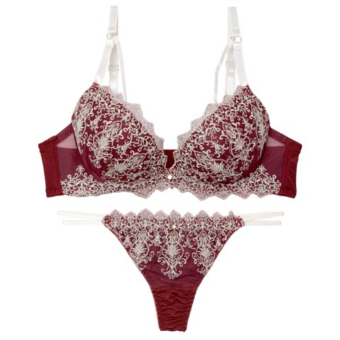 8/18新作!【Tバック】ダマスクディープストリングブラジャー&Tバックショーツ[推し][人気](レッド-A70/ショーツM)