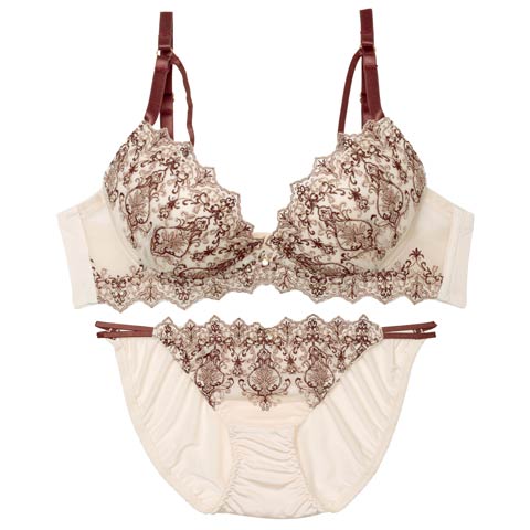 8/18新作!【EFサイズ】ダマスクディープストリングブラジャー&フルバックショーツ[推し](クリーム-E70/ショーツM)
