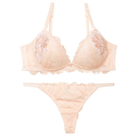 8/29新作!【Tバック】ミスティックレーシィピオニー育乳ブラジャー&バック透けTバックショーツ[推し][人気](ピンクベージュ-A70/ショーツM)