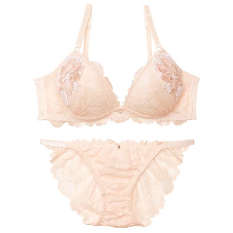 8/29新作!【EFサイズ】ミスティックレーシィピオニー育乳脇高ブラジャー&バック透けフルバックショーツ[推し](ピンクベージュ-E70/ショーツM)