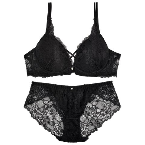 9/11再販!【EFサイズ】クロスデザインレーシィブラジャー&バック透けフルバックショーツ[推し](ブラック-E70/ショーツM)