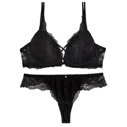 9/11再販!【EFサイズ】【Tバック】クロスデザインレーシィブラジャー&バック透けTバックショーツ[推し](ブラック-E70/ショーツM)