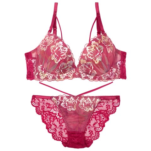 8/22新作!【三上悠亜着用】ルミエールフラワースカラップブラジャー&バック透けフルバックショーツ[推し][人気](レッド-B65/ショーツM)