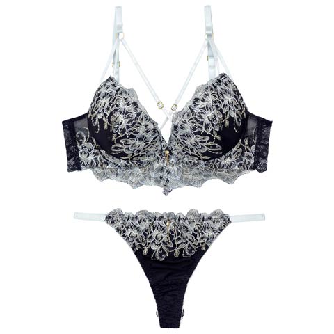 11/18再販!【Tバック】ラグジュアリーブルームストリングブラジャー&バック透けTバックショーツ[推し][人気](ネイビー-A70/ショーツM)