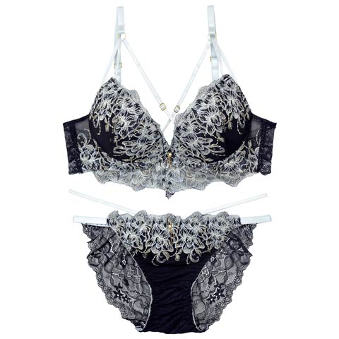 11/18再販!【EFサイズ】ラグジュアリーブルームストリングブラジャー&バック透けフルバックショーツ[推し](ネイビー-E70/ショーツM)