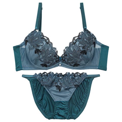 10/8新作!【EFサイズ】マスカレードディープフラワー育乳脇高ブラジャー&フルバックショーツ[推し](グリーン-E70/ショーツM)