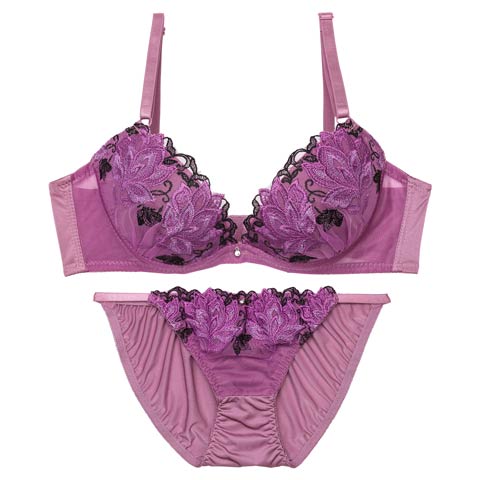 10/8新作!【EFサイズ】マスカレードディープフラワー育乳脇高ブラジャー&フルバックショーツ[推し](パープル-E70/ショーツM)