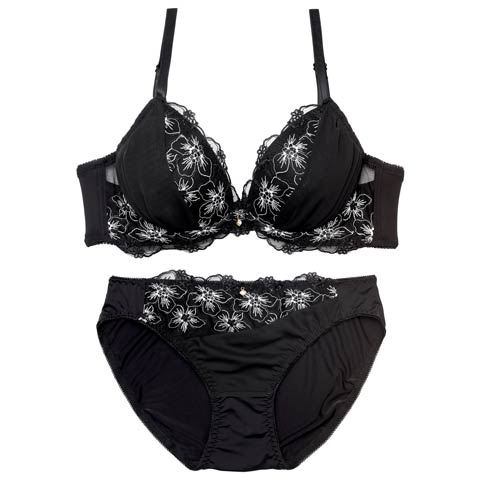 10/22新作!モノトーンフルールシフォンブラジャー&フルバックショーツ[推し][人気](ブラック-B65/ショーツM)