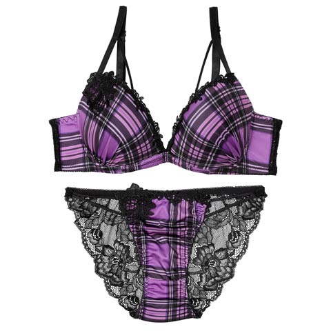10/15新作!ビターモードチェックブラジャー&バック透けフルバックショーツ[推し][人気](パープル-B65/ショーツM)