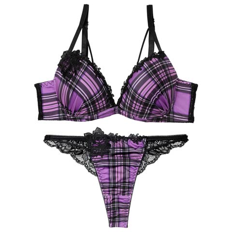 1/21新作!【Tバック】ビターモードチェックブラジャー&バック透けTバックショーツ[推し][人気](パープル-B65/ショーツM)
