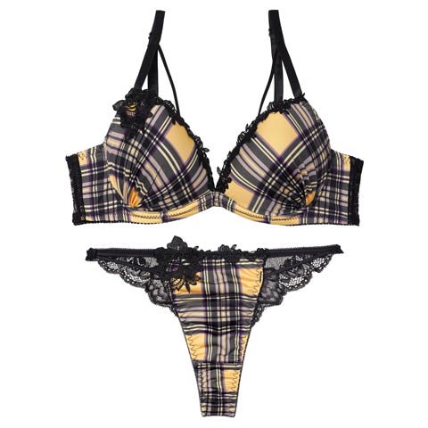 1/21新作!【Tバック】ビターモードチェックブラジャー&バック透けTバックショーツ[推し][人気](イエロー-B65/ショーツM)
