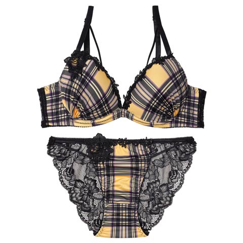 10/15新作!【EFサイズ】ビターモードチェックブラジャー&バック透けフルバックショーツ[推し](イエロー-E70/ショーツM)