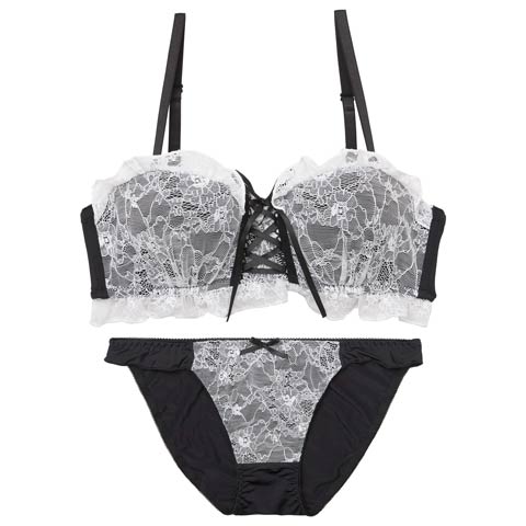 10/1新作![4way]ドーリーレースアップフリルブラジャー&フルバックショーツ[推し][人気](ブラック-B65/ショーツM)