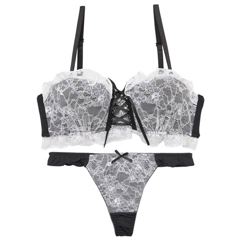 10/1新作!【Tバック】[4way]ドーリーレースアップフリルブラジャー&Tバックショーツ[推し][人気](ブラック-B65/ショーツM)