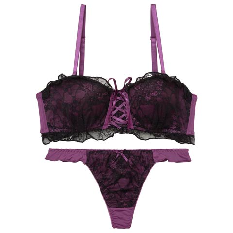 10/1新作!【Tバック】[4way]ドーリーレースアップフリルブラジャー&Tバックショーツ[推し][人気](パープル-B65/ショーツM)