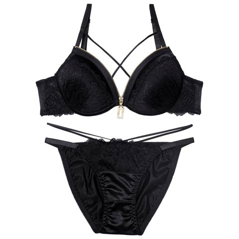 11/5新作!レーシィコードファスナーブラジャー&フルバックショーツ[推し][人気](ブラック-B65/ショーツM)