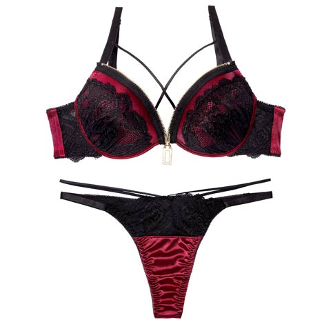 11/5新作!レーシィコードファスナーブラジャー&Tバックショーツ[推し][人気](ワインレッド-B65/ショーツM)