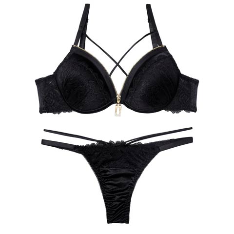 11/5新作!レーシィコードファスナーブラジャー&Tバックショーツ[推し][人気](ブラック-B65/ショーツM)