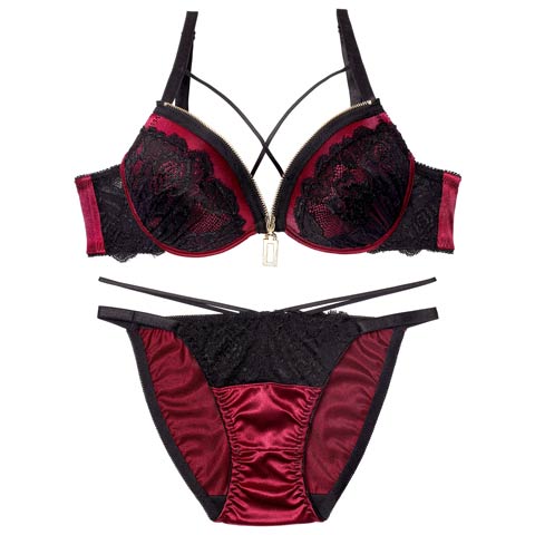 11/5新作!【EFサイズ】レーシィコードファスナーブラジャー&フルバックショーツ[推し](ワインレッド-E70/ショーツM)