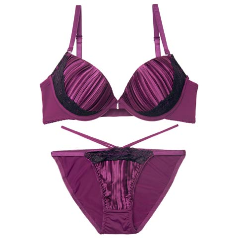 1/19新作!【三上悠亜着用】リッチプリーツサテンブラジャー＆フルバックショーツ[推し][人気](パープル-B65/ショーツM)