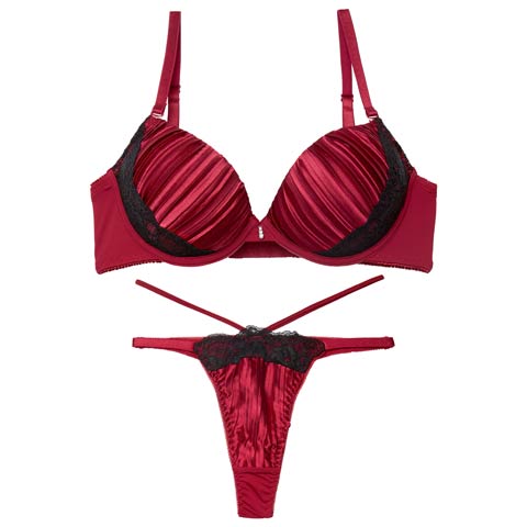 1/19新作!【Tバック】【三上悠亜着用】リッチプリーツサテンブラジャー＆Tバックショーツ[推し][人気](ワインレッド-B65/ショーツM)