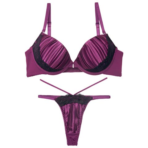 1/19新作!【Tバック】【三上悠亜着用】リッチプリーツサテンブラジャー＆Tバックショーツ[推し][人気](パープル-B65/ショーツM)