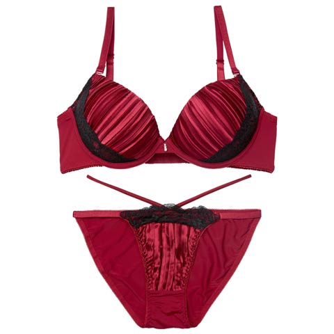 1/19新作!【EFサイズ】【三上悠亜着用】リッチプリーツサテンブラジャー＆フルバックショーツ[推し](ワインレッド-E70/ショーツM)