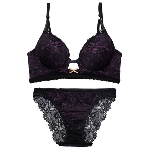 11/21新作!【三上悠亜着用】シャドウレースビジューホール育乳脇高ブラジャー&バック透けフルバックショーツ[推し][人気](パープル-B65/ショーツM)