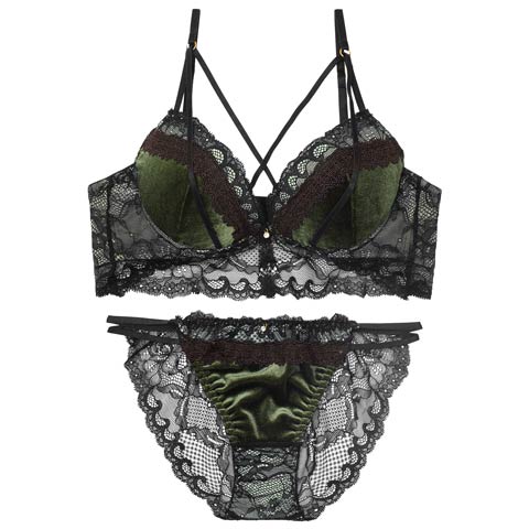 11/12新作!ノーブルベロアコードブラジャー&バック透けフルバックショーツ[推し][人気](グリーン-A70/ショーツM)