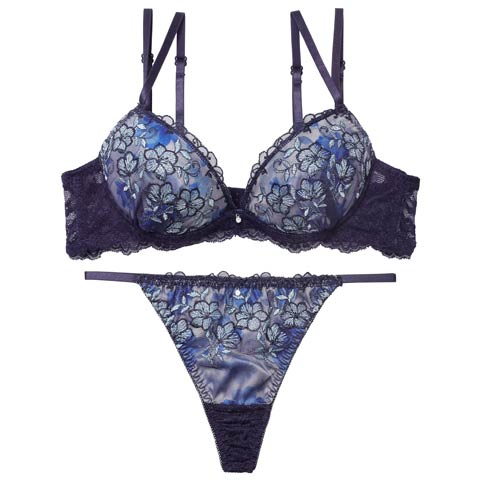 12/17新作!【Tバック】ルミエールディープフラワーブラジャー&バック透けTバックショーツ[推し][人気](ネイビー-A70/ショーツM)