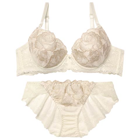 11/17新作!【EFサイズ】プリンセスグリッターローズブラジャー&バック透けフルバックショーツ[推し](アイボリー-E70/ショーツM)