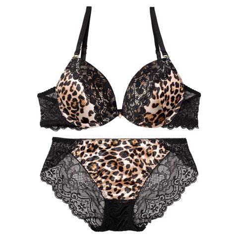 9/15新作!サテンレオパードレースブラジャー&バック透けフルバックショーツ[推し][人気](ブラウン-B65/ショーツM)