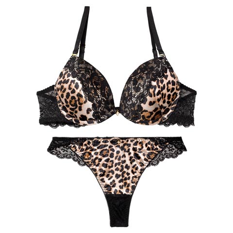 9/15新作!サテンレオパードレースブラジャー&バック透けTバックショーツ[推し][人気](ブラウン-B65/ショーツM)