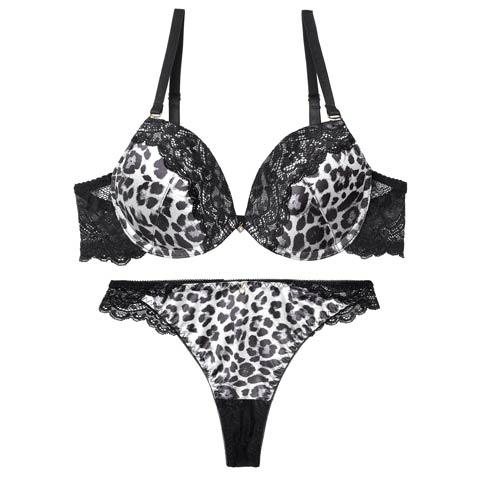 9/15新作!サテンレオパードレースブラジャー&バック透けTバックショーツ[推し][人気](グレー-B65/ショーツM)