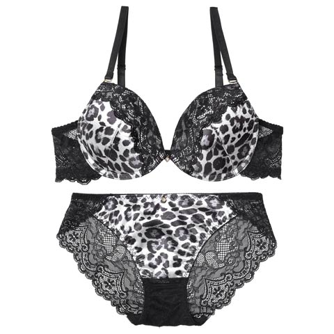 9/15新作!【EFサイズ】サテンレオパードレースブラジャー&バック透けフルバックショーツ[推し](グレー-E70/ショーツM)