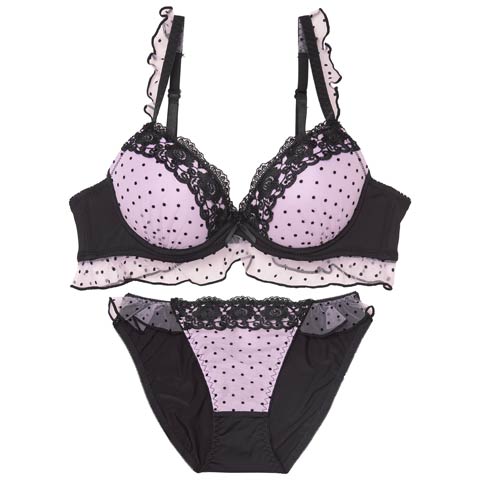 11/5再販!ロマンスドットフリルブラジャー&フルバックショーツ[推し][人気](パープル-B65/ショーツM)