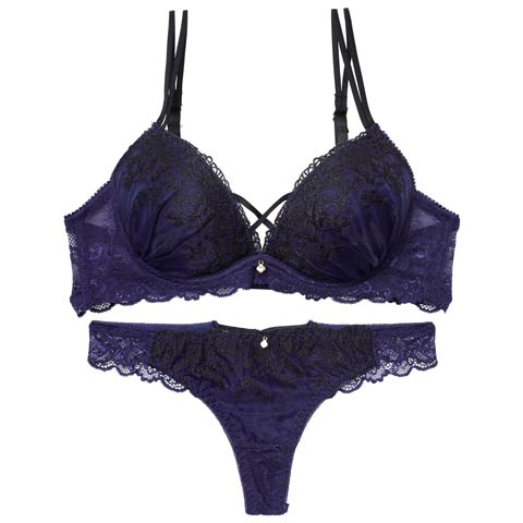 1/23新作!【Tバック】ディープクロスエンブロイダリーブラジャー&バック透けTバックショーツ[推し][人気](ネイビー-B65/ショーツM)