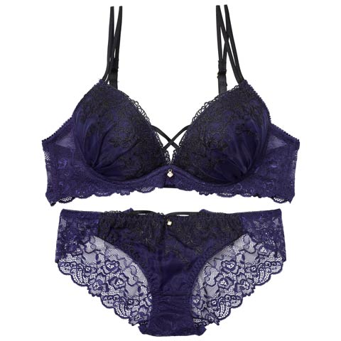 10/22新作!【EFサイズ】ディープクロスエンブロイダリーブラジャー&バック透けフルバックショーツ[推し](ネイビー-E70/ショーツM)