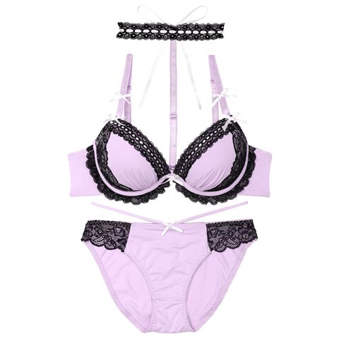 9/19新作!ゴシックレースチョーカーブラジャー&フルバックショーツ[推し][人気](パープル-B65/ショーツM)