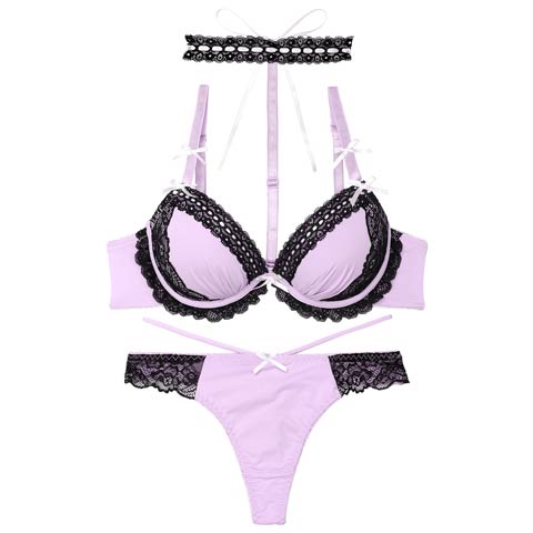 9/19新作!【Tバック】ゴシックレースチョーカーブラジャー&Tバックショーツ[推し][人気](パープル-B65/ショーツM)