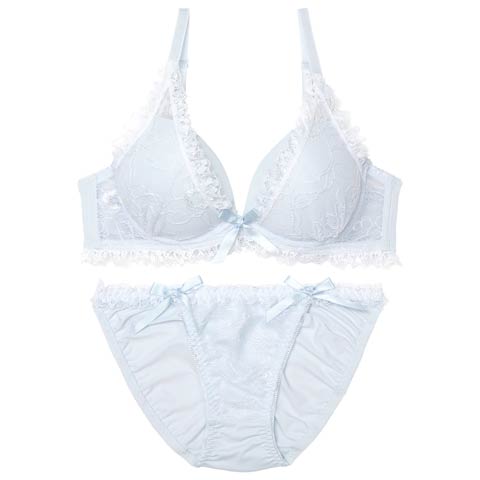 10/18再販!ラブリーパステルフリルブラジャー&フルバックショーツ[推し][人気](サックス-B65/ショーツM)