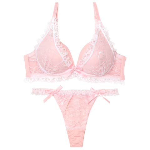 10/13新作!【Tバック】ラブリーパステルフリルブラジャー&Tバックショーツ[推し][人気](ピンク-B65/ショーツM)