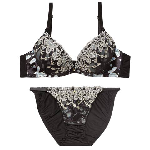 1/14新作!フェミニンバタフライエンブロイダリーブラジャー＆フルバックショーツ[推し][人気](ブラック-A70/ショーツM)