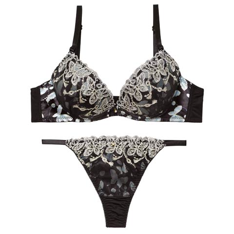 1/14新作!【Tバック】フェミニンバタフライエンブロイダリーブラジャー＆Tバックショーツ[推し][人気](ブラック-A70/ショーツM)