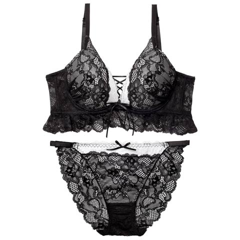 11/17新作!ディープリボンレースアップ育乳ブラジャー&バック透けフルバックショーツ[推し][人気](ブラック-B65/ショーツM)