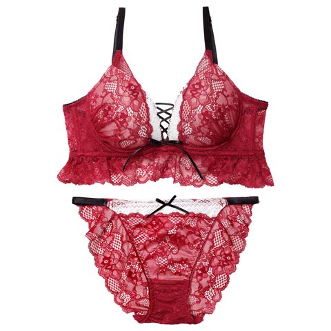 11/17新作!ディープリボンレースアップ育乳ブラジャー&バック透けフルバックショーツ[推し][人気](ワインレッド-B65/ショーツM)